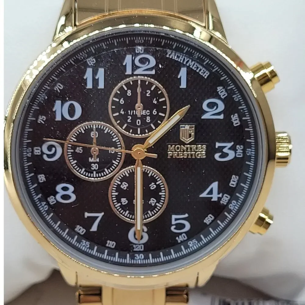 Montres Prestige Gold Tone Watch Black Multi‎ Dial Face Classic Style